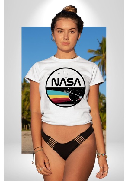 Uzay Satürn Logo Yıldızlar Kadın Erkek Ön Baskılı Beyaz Pamuklu Tişört Penye Klasik modelleri