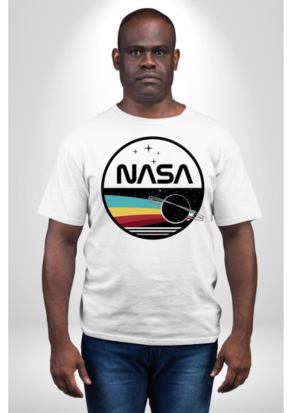 Uzay Satürn Logo Yıldızlar Kadın Erkek Ön Baskılı Beyaz Pamuklu Tişört Penye Klasik fırsatları