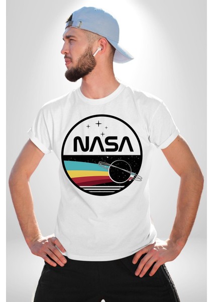 Uzay Satürn Logo Yıldızlar Kadın Erkek Ön Baskılı Beyaz Pamuklu Tişört Penye Klasik indirimleri