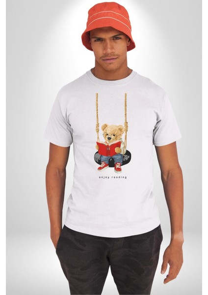 Sallanan Oyuncak Ayı Kadın Erkek Ön Baskılı Beyaz Pamuklu Tişört Penye Klasik