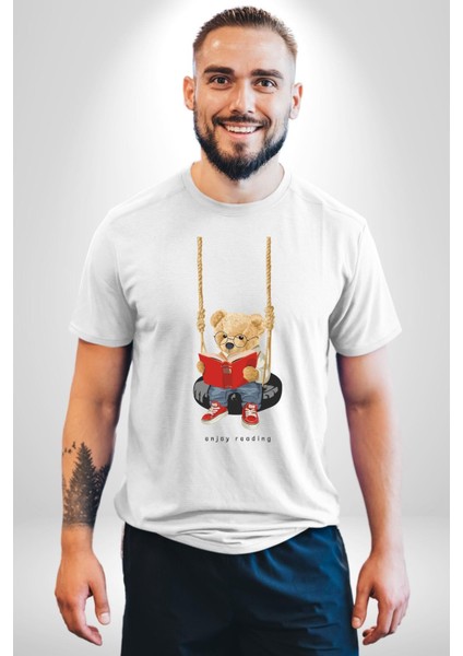 Sallanan Oyuncak Ayı Kadın Erkek Ön Baskılı Beyaz Pamuklu Tişört Penye Klasik fiyatları