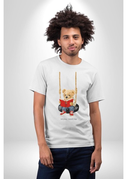 Sallanan Oyuncak Ayı Kadın Erkek Ön Baskılı Beyaz Pamuklu Tişört Penye Klasik modelleri