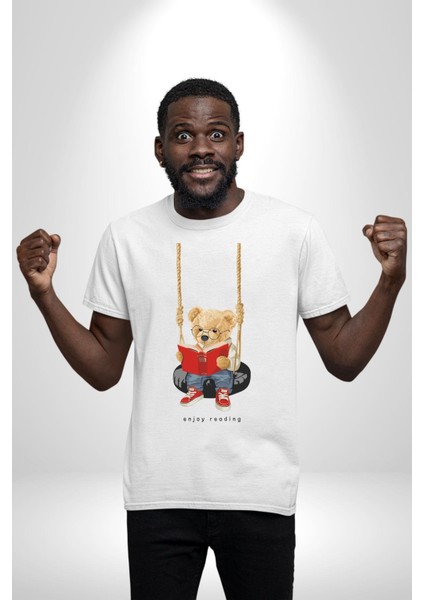 Sallanan Oyuncak Ayı Kadın Erkek Ön Baskılı Beyaz Pamuklu Tişört Penye Klasik fırsatları