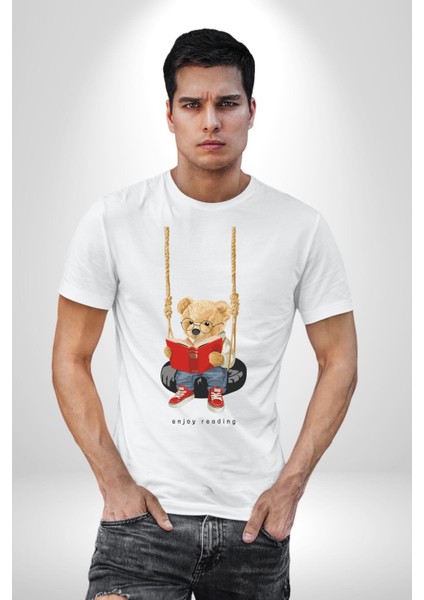 Sallanan Oyuncak Ayı Kadın Erkek Ön Baskılı Beyaz Pamuklu Tişört Penye Klasik indirimleri