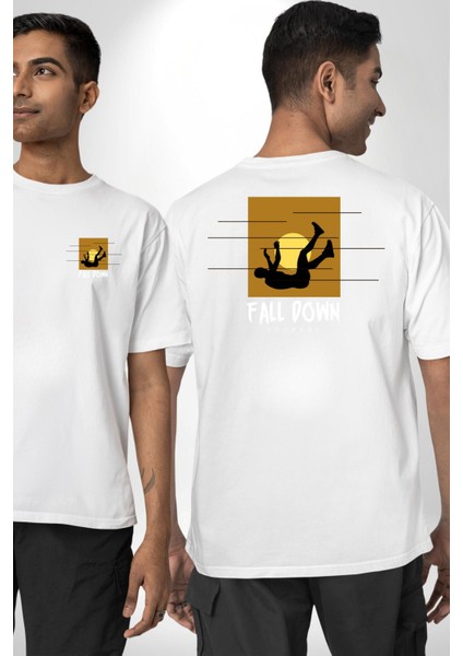 Hayattan Düşüş Sokak Tarzı Kadın Erkek Ön Minimal Sırt Baskılı Beyaz Pamuklu Tişört