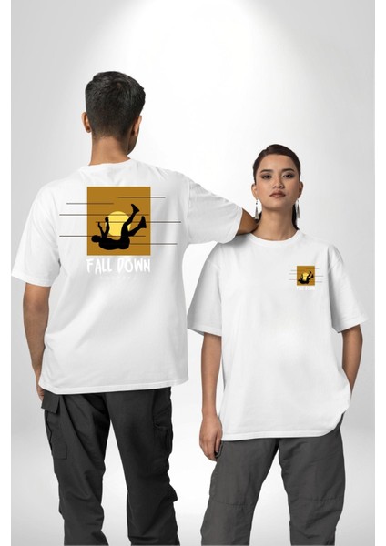 Hayattan Düşüş Sokak Tarzı Kadın Erkek Ön Minimal Sırt Baskılı Beyaz Pamuklu Tişört fırsatları