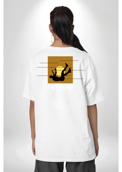 Hayattan Düşüş Sokak Tarzı Kadın Erkek Ön Minimal Sırt Baskılı Beyaz Pamuklu Tişört indirimleri