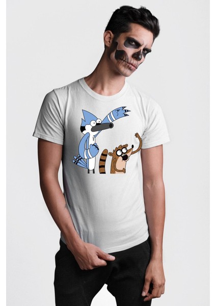Sürekli Dizi Mordecai ve Rigby Kadın Erkek Ön Baskılı Beyaz Pamuklu Tişört Penye Klasik