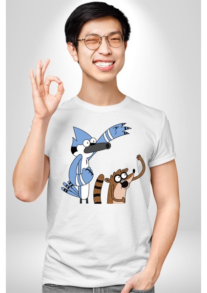 Sürekli Dizi Mordecai ve Rigby Kadın Erkek Ön Baskılı Beyaz Pamuklu Tişört Penye Klasik fiyatları