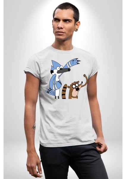 Sürekli Dizi Mordecai ve Rigby Kadın Erkek Ön Baskılı Beyaz Pamuklu Tişört Penye Klasik fırsatları