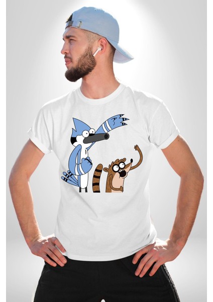 Sürekli Dizi Mordecai ve Rigby Kadın Erkek Ön Baskılı Beyaz Pamuklu Tişört Penye Klasik indirimleri