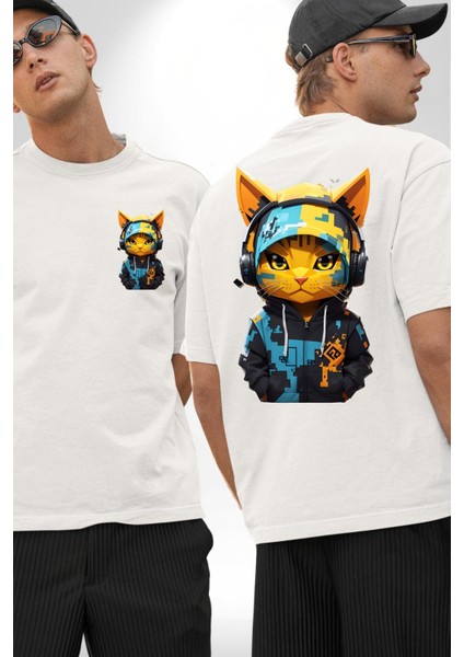 Kulaklıklı Havlı Serseri Kedi Kadın Erkek Ön Minimal Sırt Baskılı Beyaz Pamuklu Tişört