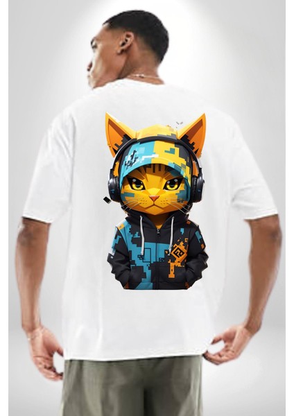Kulaklıklı Havlı Serseri Kedi Kadın Erkek Ön Minimal Sırt Baskılı Beyaz Pamuklu Tişört fiyatları