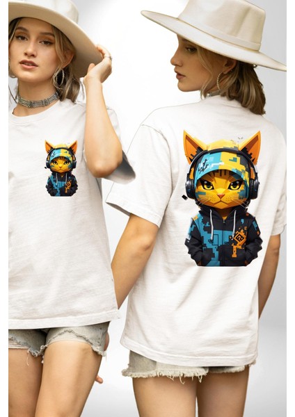 Kulaklıklı Havlı Serseri Kedi Kadın Erkek Ön Minimal Sırt Baskılı Beyaz Pamuklu Tişört fırsatları