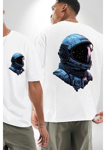Astronot Uzay Space x Kadın Erkek Ön Minimal Sırt Baskılı Beyaz Pamuklu Tişört
