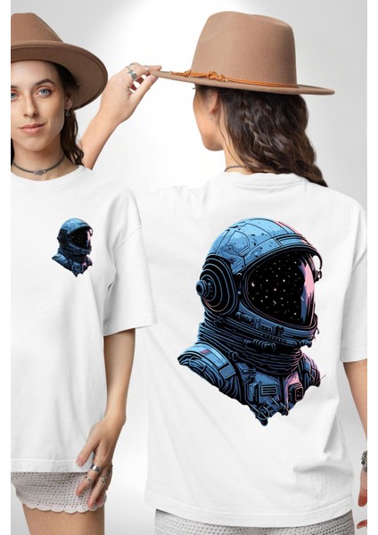 Astronot Uzay Space x Kadın Erkek Ön Minimal Sırt Baskılı Beyaz Pamuklu Tişört fırsatları