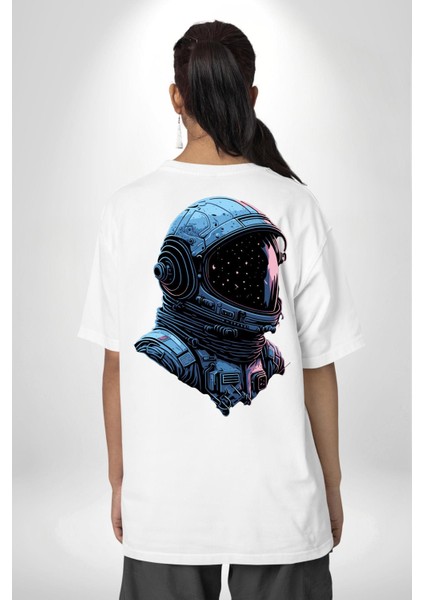 Astronot Uzay Space x Kadın Erkek Ön Minimal Sırt Baskılı Beyaz Pamuklu Tişört indirimleri