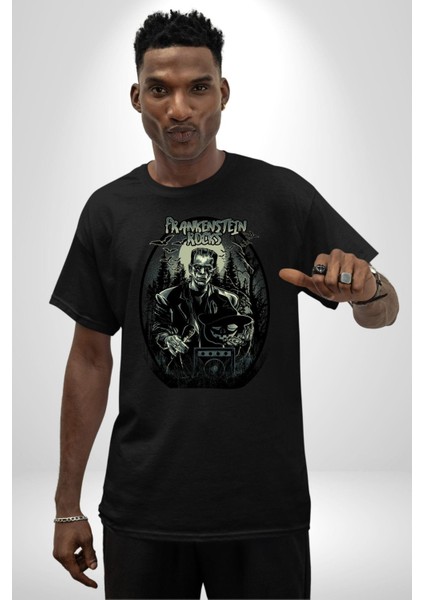 Frankenstein Rock Yıldızı Kadın Erkek Ön Baskılı Siyah Pamuklu Tişört Penye Klasik indirimleri