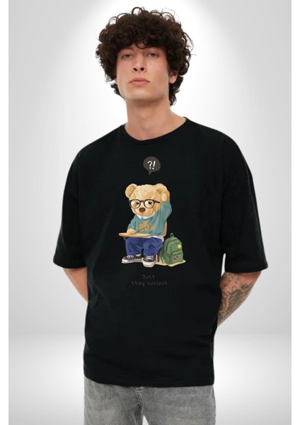 Sadece Meraklı Kal Öğrenci Tatlı Oyuncak Ayı Kadın Erkek Ön Baskılı Siyah Pamuklu Tişört Penye Klasik