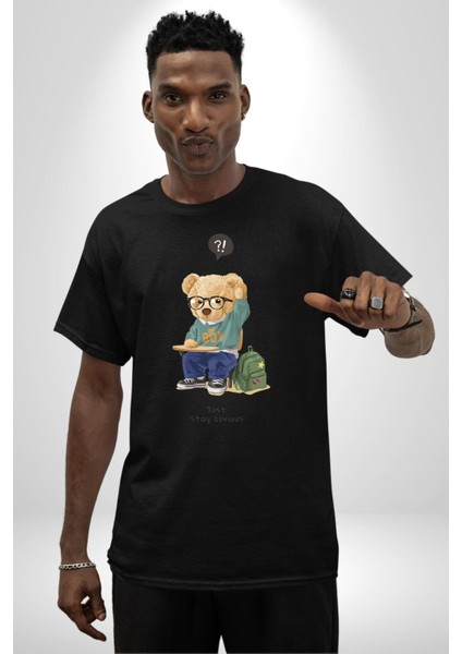 Sadece Meraklı Kal Öğrenci Tatlı Oyuncak Ayı Kadın Erkek Ön Baskılı Siyah Pamuklu Tişört Penye Klasik fiyatları