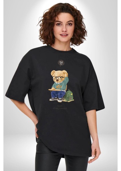 Sadece Meraklı Kal Öğrenci Tatlı Oyuncak Ayı Kadın Erkek Ön Baskılı Siyah Pamuklu Tişört Penye Klasik fırsatları