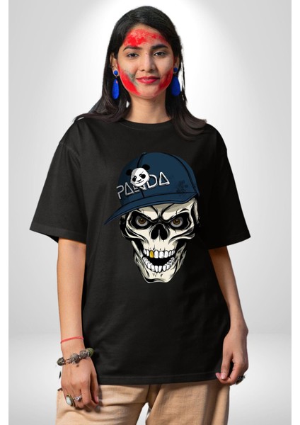 Panda Şapkalı Iskelet Adam Kadın Erkek Ön Baskılı Siyah Pamuklu Tişört Penye Klasik fiyatları