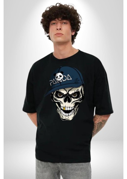 Panda Şapkalı Iskelet Adam Kadın Erkek Ön Baskılı Siyah Pamuklu Tişört Penye Klasik fırsatları