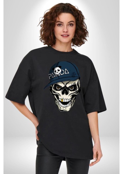 Panda Şapkalı Iskelet Adam Kadın Erkek Ön Baskılı Siyah Pamuklu Tişört Penye Klasik indirimleri