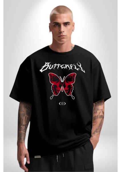 Rock Tarzı Kelebek Sokak Tarzı Kadın Erkek Ön Baskılı Siyah Pamuklu Tişört Penye Klasik