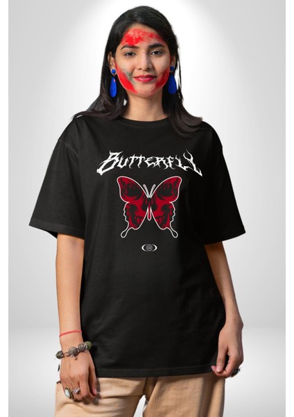Rock Tarzı Kelebek Sokak Tarzı Kadın Erkek Ön Baskılı Siyah Pamuklu Tişört Penye Klasik fiyatları