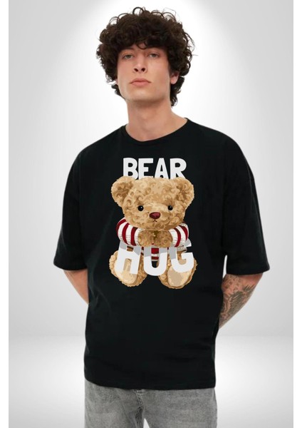 Tatlış Oyuncak Ayı Sarılması Kadın Erkek Ön Baskılı Siyah Pamuklu Tişört Penye Klasik