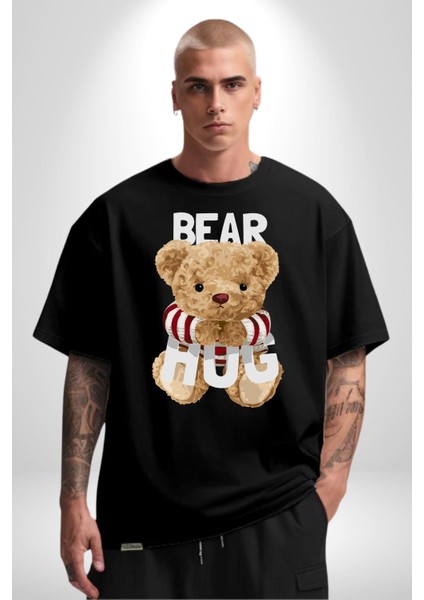 Tatlış Oyuncak Ayı Sarılması Kadın Erkek Ön Baskılı Siyah Pamuklu Tişört Penye Klasik fiyatları