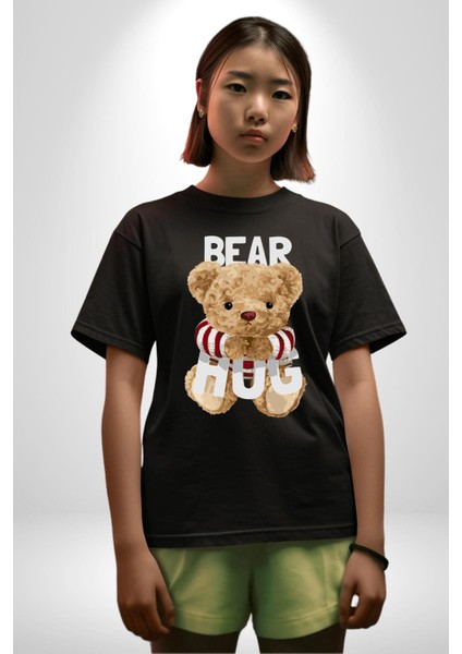 Tatlış Oyuncak Ayı Sarılması Kadın Erkek Ön Baskılı Siyah Pamuklu Tişört Penye Klasik modelleri