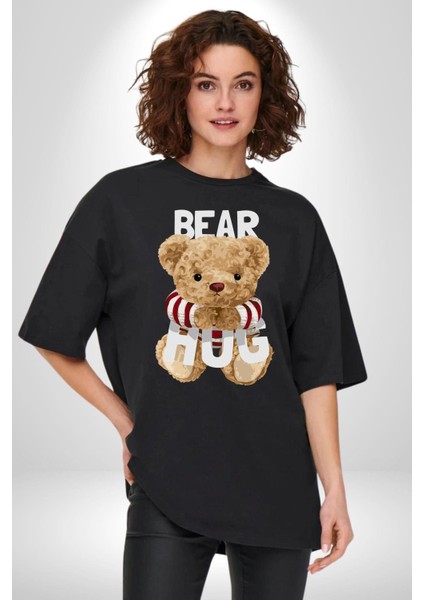 Tatlış Oyuncak Ayı Sarılması Kadın Erkek Ön Baskılı Siyah Pamuklu Tişört Penye Klasik fırsatları