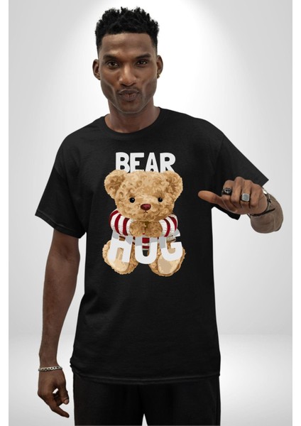 Tatlış Oyuncak Ayı Sarılması Kadın Erkek Ön Baskılı Siyah Pamuklu Tişört Penye Klasik indirimleri