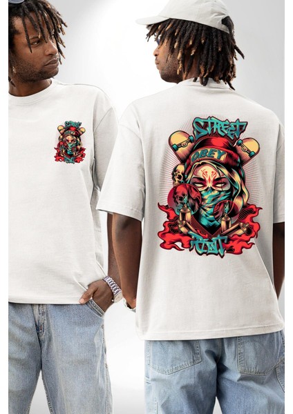 Sokak Tarzı Grafiti Kadın Kadın Erkek Ön Minimal Sırt Baskılı Beyaz Pamuklu Tişört