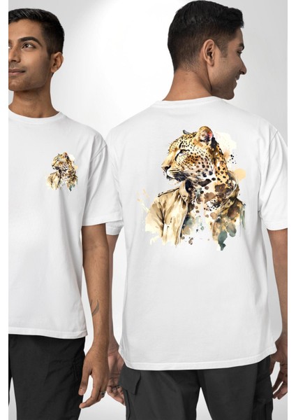 Tarz Leopar Ceketli Çizim Kadın Erkek Ön Minimal Sırt Baskılı Beyaz Pamuklu Tişört