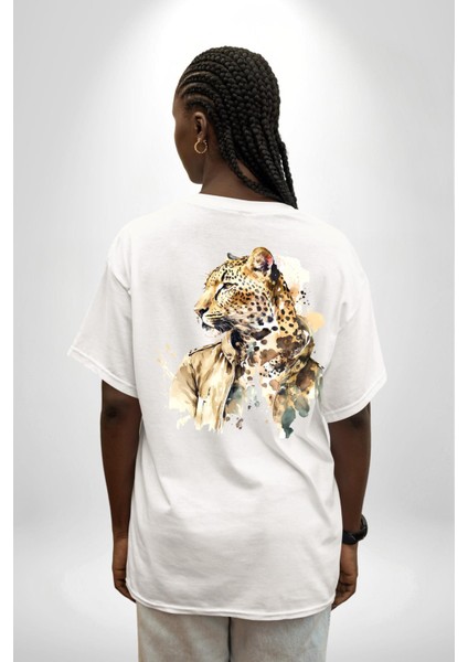Tarz Leopar Ceketli Çizim Kadın Erkek Ön Minimal Sırt Baskılı Beyaz Pamuklu Tişört fiyatları