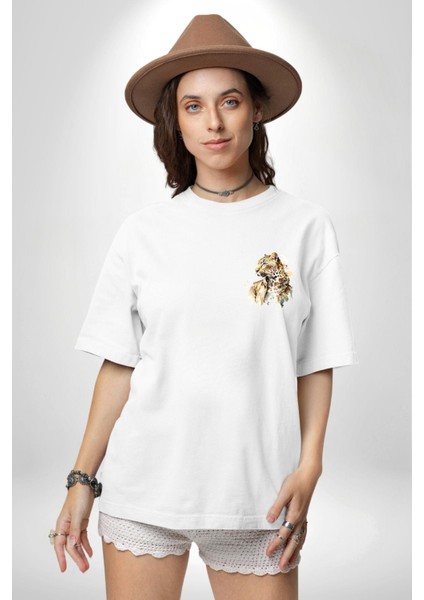 Tarz Leopar Ceketli Çizim Kadın Erkek Ön Minimal Sırt Baskılı Beyaz Pamuklu Tişört modelleri