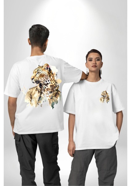 Tarz Leopar Ceketli Çizim Kadın Erkek Ön Minimal Sırt Baskılı Beyaz Pamuklu Tişört fırsatları