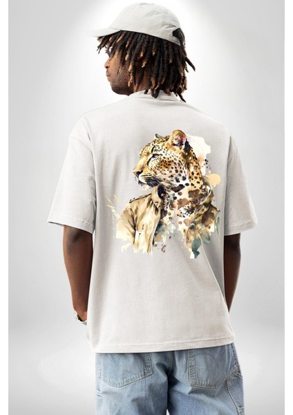 Tarz Leopar Ceketli Çizim Kadın Erkek Ön Minimal Sırt Baskılı Beyaz Pamuklu Tişört indirimleri
