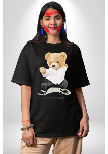 Kung Fu Ustası Oyuncak Ayı Kadın Erkek Ön Baskılı Siyah Pamuklu Tişört Penye Klasik