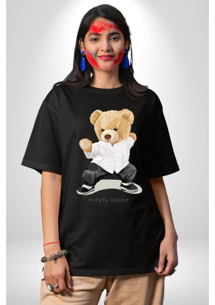 Kung Fu Ustası Oyuncak Ayı Kadın Erkek Ön Baskılı Siyah Pamuklu Tişört Penye Klasik fiyatları