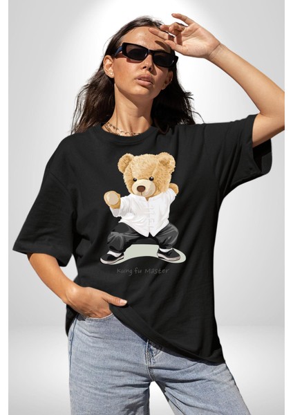 Kung Fu Ustası Oyuncak Ayı Kadın Erkek Ön Baskılı Siyah Pamuklu Tişört Penye Klasik modelleri