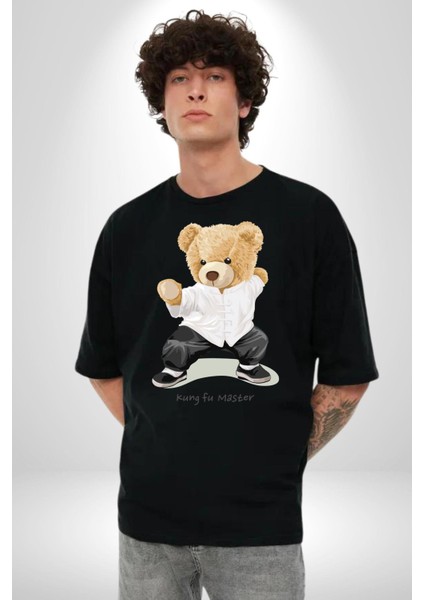 Kung Fu Ustası Oyuncak Ayı Kadın Erkek Ön Baskılı Siyah Pamuklu Tişört Penye Klasik fırsatları