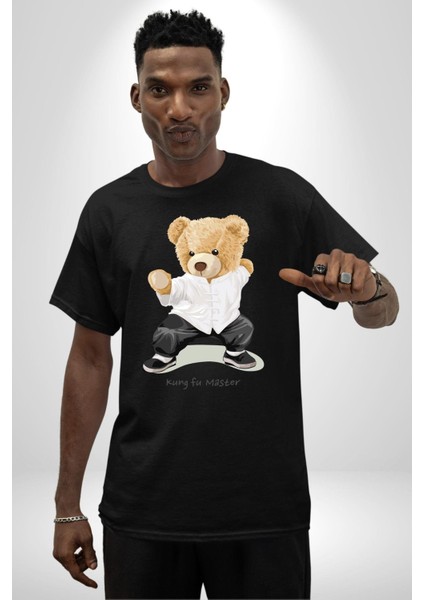 Kung Fu Ustası Oyuncak Ayı Kadın Erkek Ön Baskılı Siyah Pamuklu Tişört Penye Klasik indirimleri