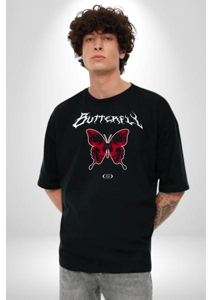 Rock Tarzı Kelebek Sokak Tarzı Kadın Erkek Ön Baskılı Siyah Pamuklu Tişört Penye Klasik indirimleri