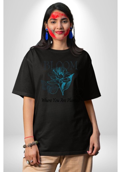 Karakalem Kelebek Açan Çiçek Kadın Erkek Ön Baskılı Siyah Pamuklu Tişört Penye Klasik fiyatları