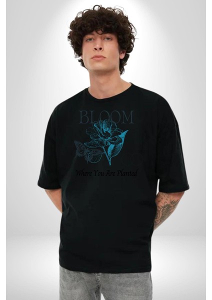 Karakalem Kelebek Açan Çiçek Kadın Erkek Ön Baskılı Siyah Pamuklu Tişört Penye Klasik fırsatları