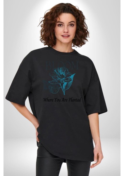 Karakalem Kelebek Açan Çiçek Kadın Erkek Ön Baskılı Siyah Pamuklu Tişört Penye Klasik indirimleri